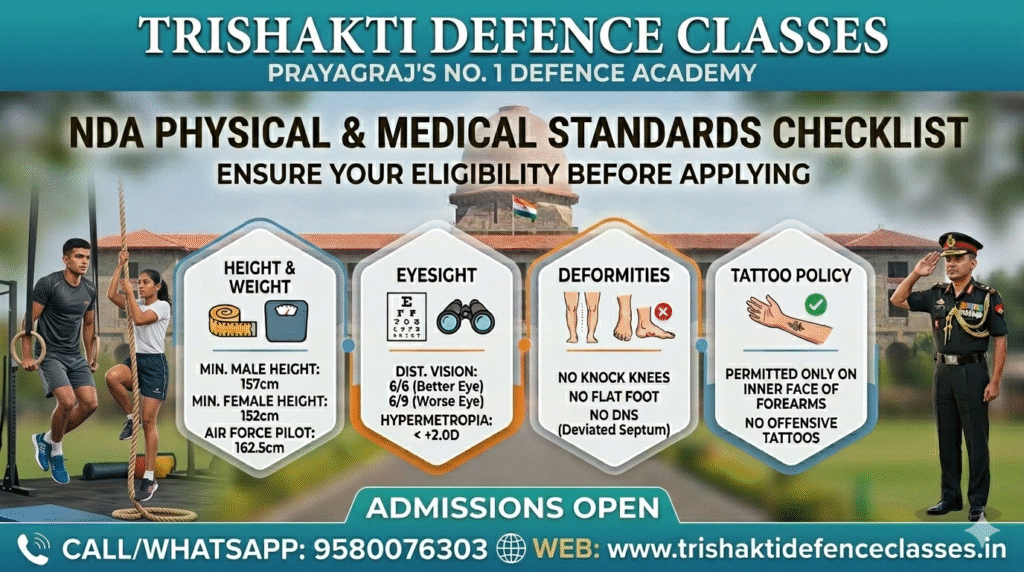Comprehensive NDA Physical and Medical Standards Guide - Height, Eyesight, and Tattoo Rules by Trishakti Defence Classes Prayagraj.